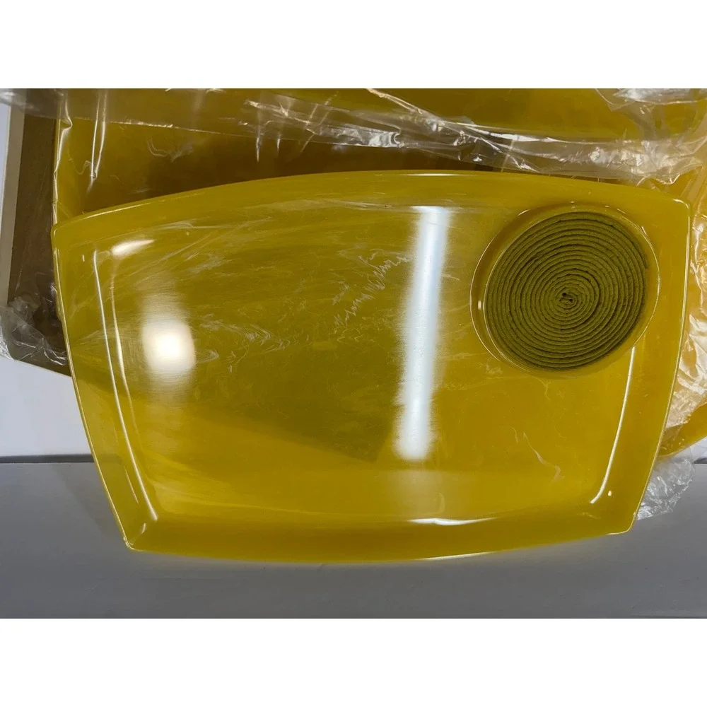 Vintage MCM Mustard Yellow Marbled Snack Trays Set of 4 with Coasters